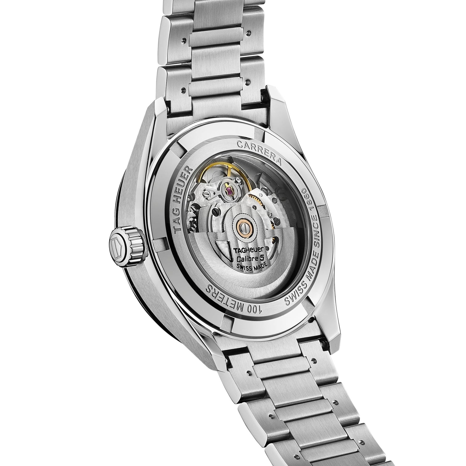 Back of TAG Heuer Carrera Calibre 5 Automatic Men's Watch Blue Dial & Steel Watch, 39mm